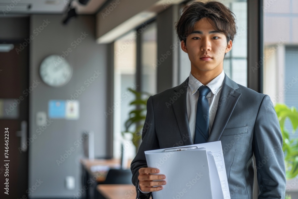 書類を持つ笑顔の日本人の男性会社員(白背景・スーツ・笑顔) 書類を持つ笑顔の日本人の男性会社員(白背景・スーツ・笑顔)