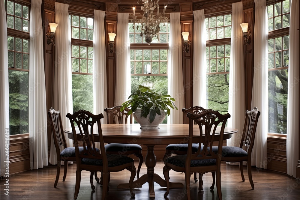Classic Elegance Dining Room with Large Bay Window and Sheer Curtains