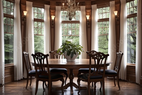 Classic Elegance Dining Room with Large Bay Window and Sheer Curtains