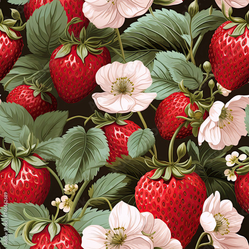 seamless pattern with red ripe strawberries on green branches with white blooming flowers on black background
