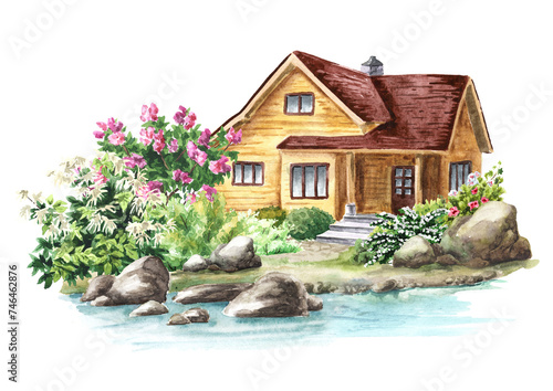 Cozy country cottage in the garden on the river bank. Hand drawn watercolor illustration, isolated on white background
