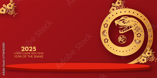 3d Podium round stage for Happy Chinese New Year 2025 with Snake sign. Lunar calendar. Season offer. Chinese text means "Snake".