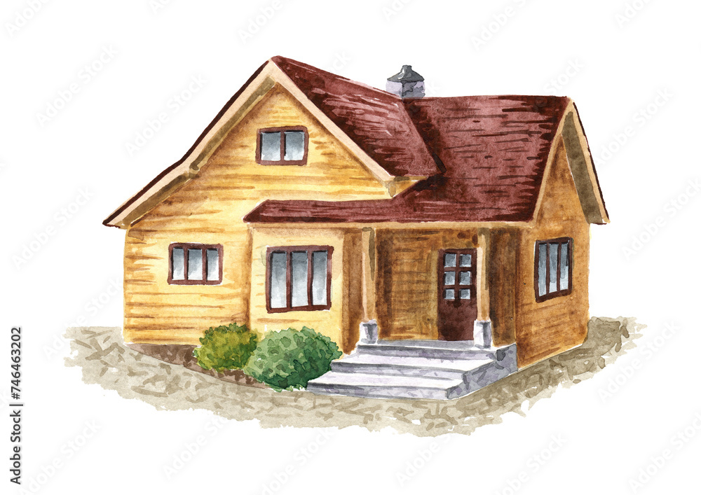 Country cottage. Hand drawn watercolor illustration  isolated on white background
