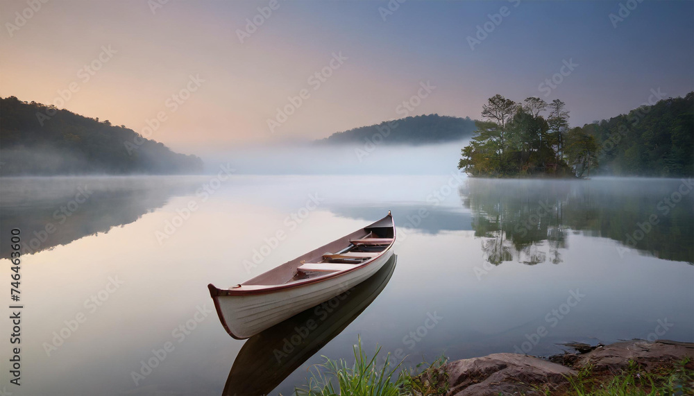 Artistic Photography of a Canoe on Tranquil Lake at Dawn with Soft Morning Light
