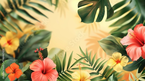 Summer tropical background with palm leaves and hibiscus flowers. Hello summer concept. Summer background