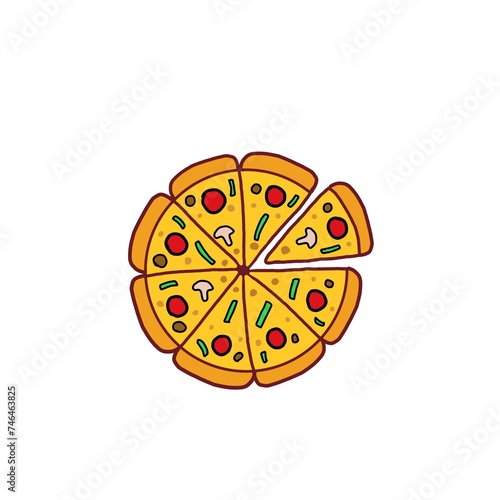 Illustration of a flat cartoon pizza with various toppings on top