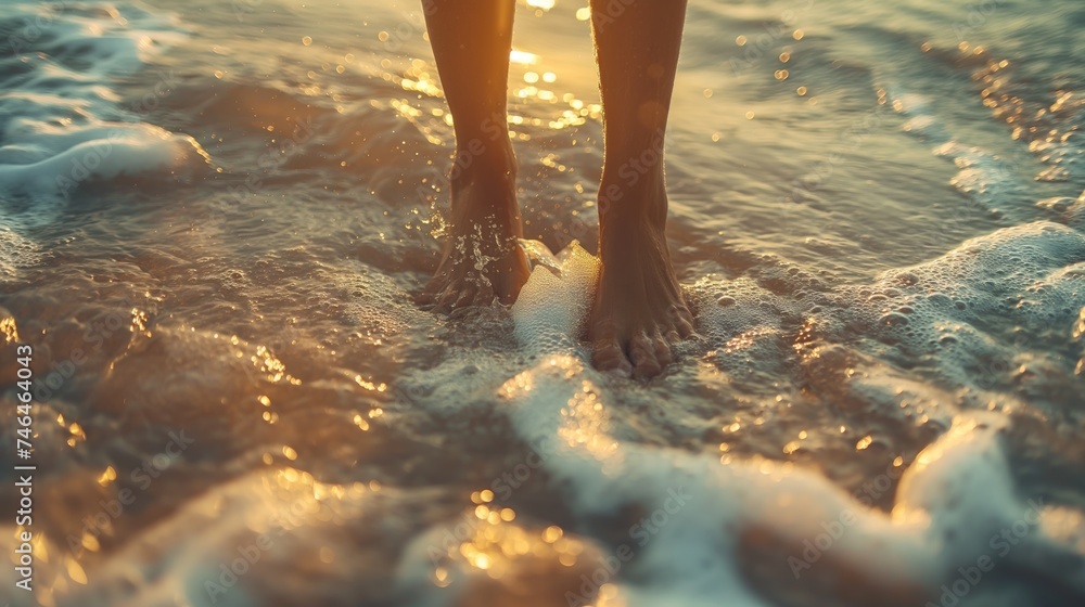 Fototapeta premium Feet of a woman walking on the beach at sunset. Concept of travel and vacation