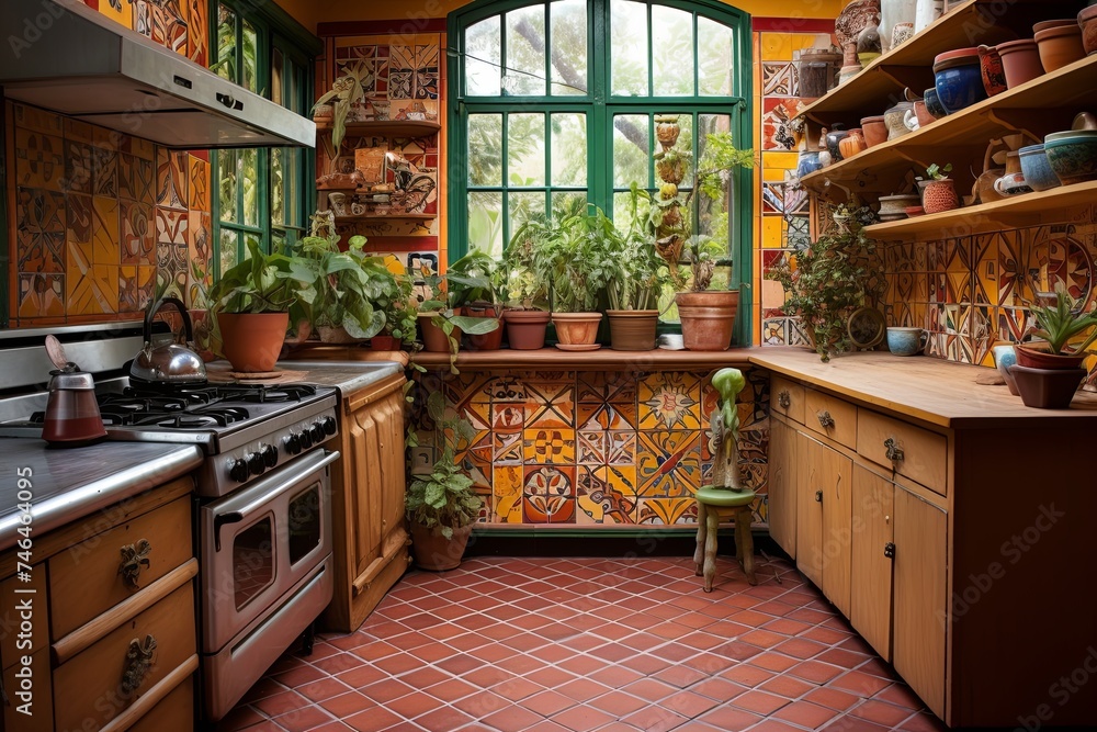 Bohemian Charm: Vibrant Terracotta Floor Tiles and Boho Patterns in Colorful Kitchen Design
