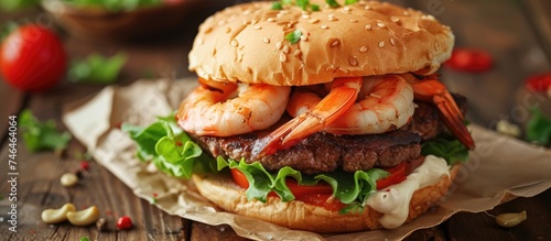 A delectable hamburger with juicy shrimp and seasoned beef patty topped with crisp lettuce and creamy mayo, neatly presented on a brown paper-lined wooden counter.
