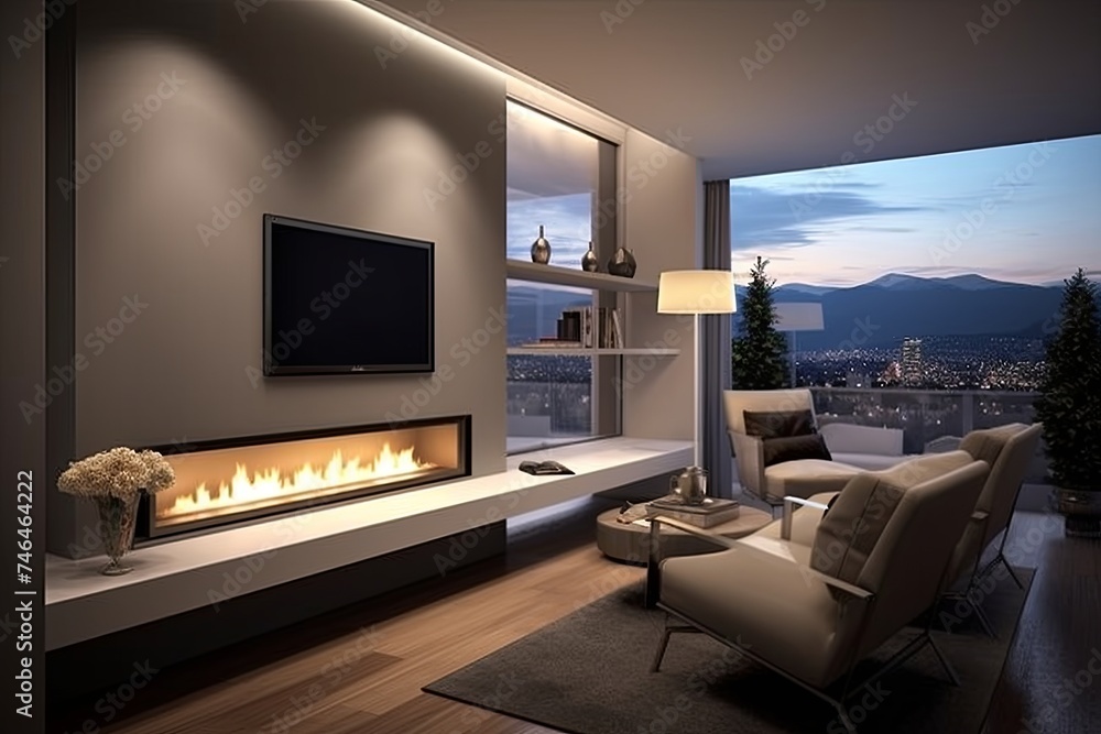 Fototapeta premium Sleek Glass Fireplaces: Compact Apartments with Wall-Mounted Elegance
