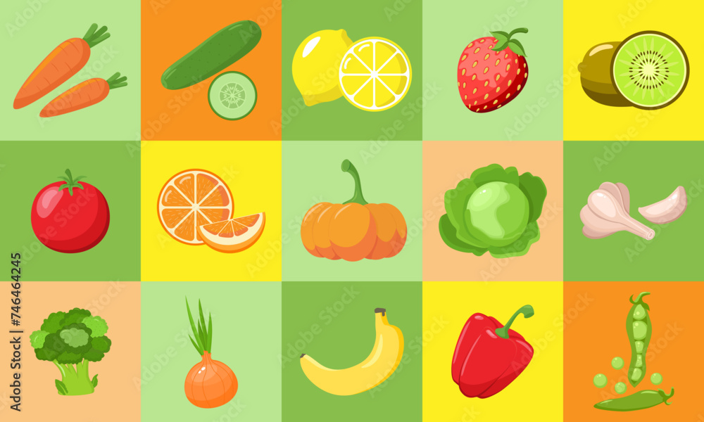 Juicy vegetables and fruits. Bright mosaic poster with seasonal fruits and vegetables. Healthy food isolated vector illustration icons set. Concept of healthy food Juicy vegetables and fruits. Bright mosaic poster with seasonal fruits and vegetables. Healthy food isolated vector illustration icons set. Concept of healthy food