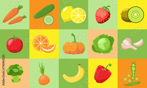 Juicy vegetables and fruits. Bright mosaic poster with seasonal fruits and vegetables. Healthy food isolated vector illustration icons set. Concept of healthy food