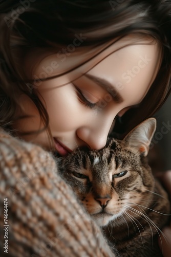 beautiful young woman cuddling with a cat, portrait, cosy vibes