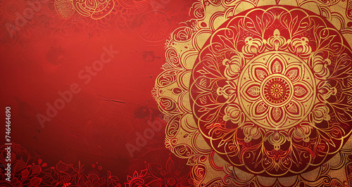 Reddish Golden Mandalas with complex Indian designs on a banner with space for copy