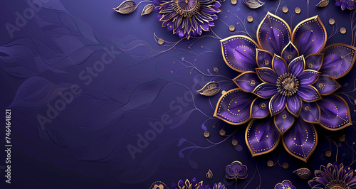 Purple Golden Mandalas with minimalistic Indian designs on a plain banner with space for copy