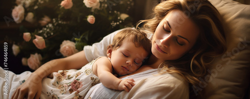 Beautiful young mom and her cute baby,  they are lying on the couch and enjoying happy moments