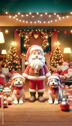 3D Santa Claus and Dogs in Christmas Party