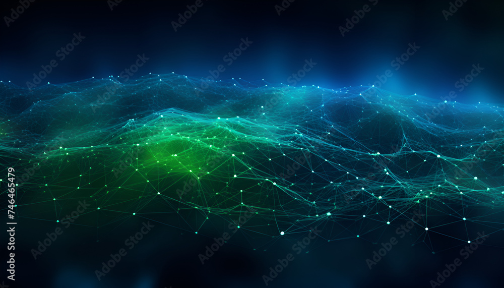 bstract Background Green Dynamic Triangles,Blurred Neon Glow Vibrant Colorful Lights Overlay On Dark Black Art Background,Futuristic digital wave Dark cyberspace Abstract wave with dots ai Generative - obrazy, fototapety, plakaty 