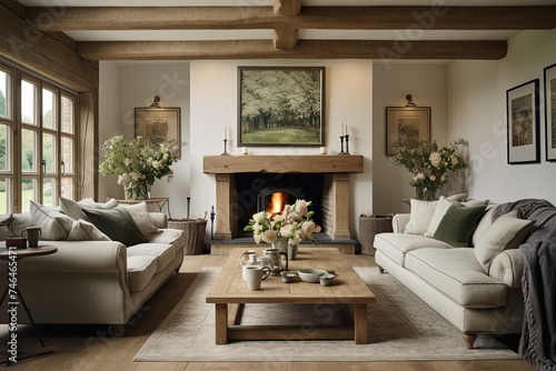 Serene Countryside Homes: Biophilic Living Room, Wooden Beams & Flower Arrangements
