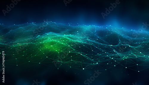 bstract Background Green Dynamic Triangles,Blurred Neon Glow Vibrant Colorful Lights Overlay On Dark Black Art Background,Futuristic digital wave Dark cyberspace Abstract wave with dots ai Generative