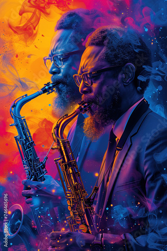 Abstract poster art for a jazz music performance with a man playing a saxophone.