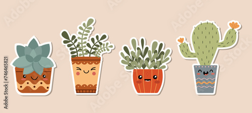 Set with different cute cacti and succulents stickers with funny faces in pots. Kawaii Funny succulent with cute face in pot. Cartoon floral characters. Vector