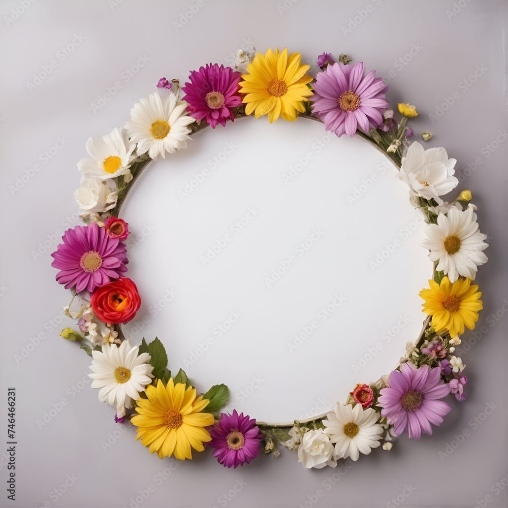 Empty white mocup, circle in a text frame with colorful flowers decor Empty white mocup, circle in a text frame with colorful flowers decor