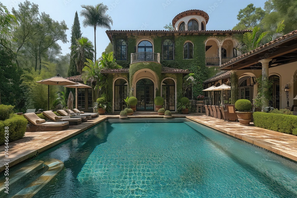 Luxury Real Estate: A successful entrepreneur purchases a sprawling mansion in an exclusive neighborhood, complete with a private pool, home theater, and landscaped gardens