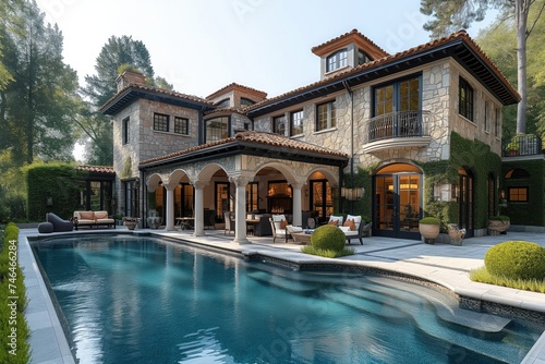 Luxury Real Estate: A successful entrepreneur purchases a sprawling mansion in an exclusive neighborhood, complete with a private pool, home theater, and landscaped gardens © arti om