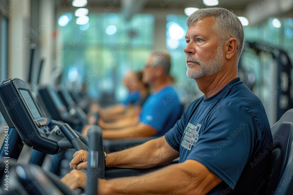 In a fitness center or community gym, seniors work out on strength training machines or with resistance bands, supervised by a trainer who helps them safely build muscle and improve bone density In a fitness center or community gym, seniors work out on strength training machines or with resistance bands, supervised by a trainer who helps them safely build muscle and improve bone density