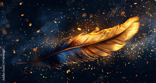 Portrait of a shinny golden feather on a dark blue background © Varma