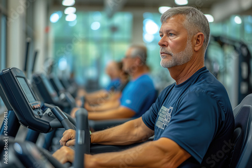 In a fitness center or community gym, seniors work out on strength training machines or with resistance bands, supervised by a trainer who helps them safely build muscle and improve bone density