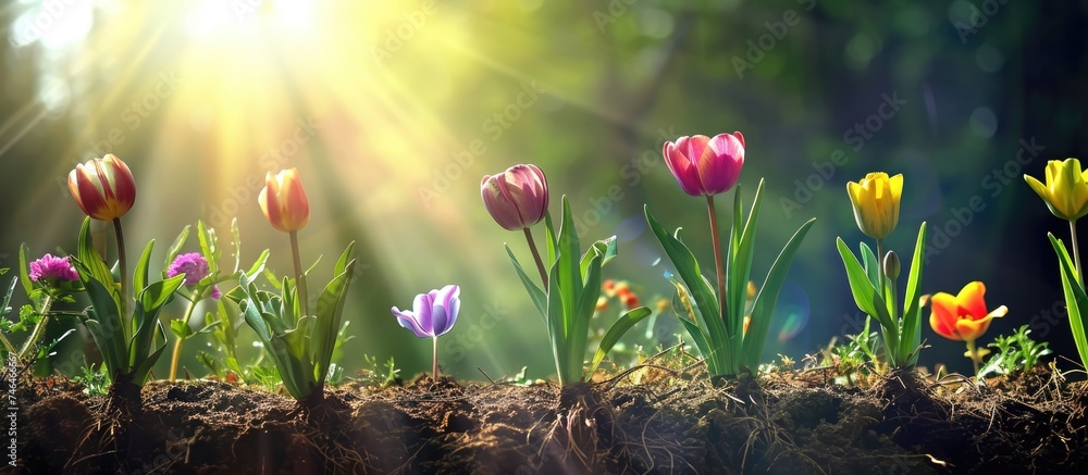 Colorful flowers in bloom with growing roots, surrounded by beautiful scenery and green nature under a shining sun. - obrazy, fototapety, plakaty 
