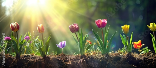 Colorful flowers in bloom with growing roots, surrounded by beautiful scenery and green nature under a shining sun.