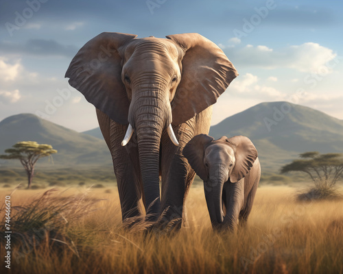 Elephants and baby elephants have distinctive characteristics including long trunks, large ears,
 large legs, and thick but delicate skin. Elephants are the largest land animals that exist today. photo