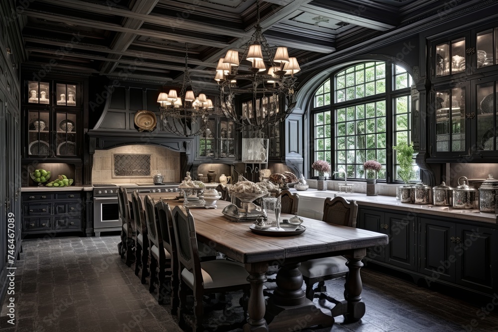 Antique Wooden Dining Tables in English Tudor Kitchen Designs with Cofferred Ceilings