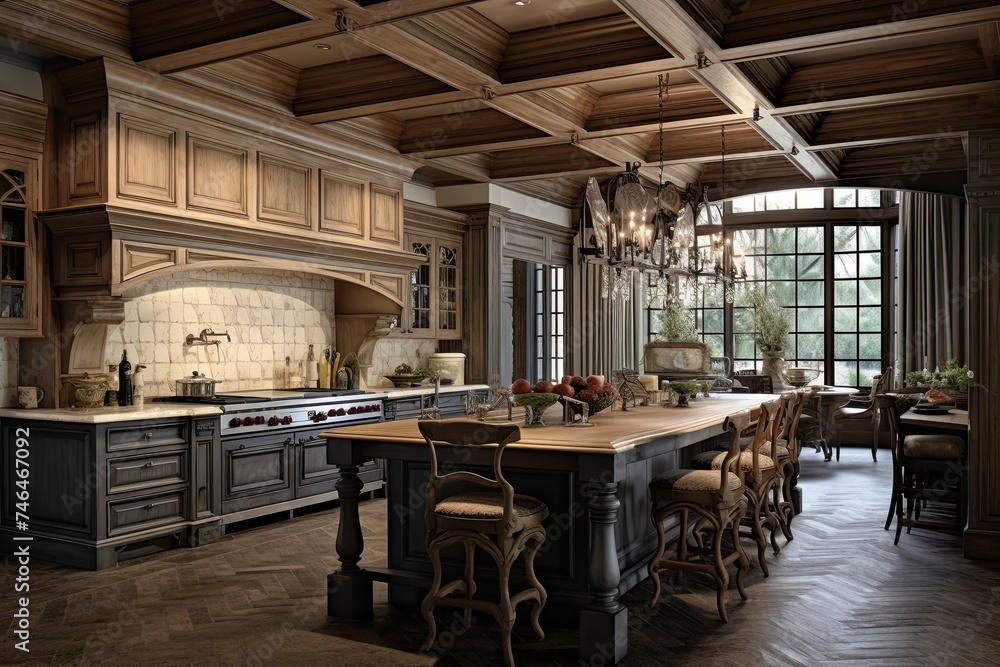 English Tudor Kitchen Designs: Coffer Ceilings & Antique Wooden Dining Tables Showcase English Tudor Kitchen Designs: Coffer Ceilings & Antique Wooden Dining Tables Showcase