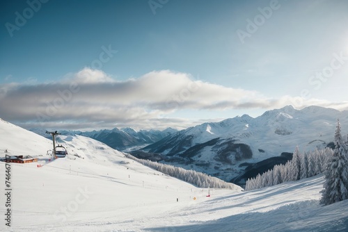 Winter mountains panorama with ski slopes and ski