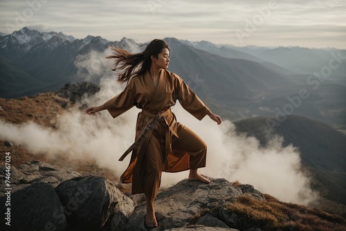 woman practicing martial arts on the top of a mountain photo