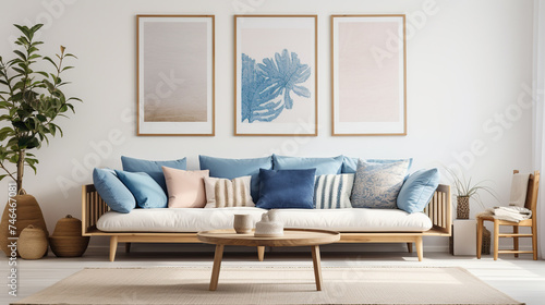The image shows a living room with a blue and white color scheme. There is a sofa with blue and white pillows, a plant in the corner, and three pictures of cacti on the wall. photo
