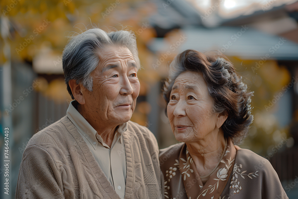 Asian elderly couple in soft and warm lighting, emotional depth in their gaze, symbolic of a supportive and health-conscious relationship Asian elderly couple in soft and warm lighting, emotional depth in their gaze, symbolic of a supportive and health-conscious relationship