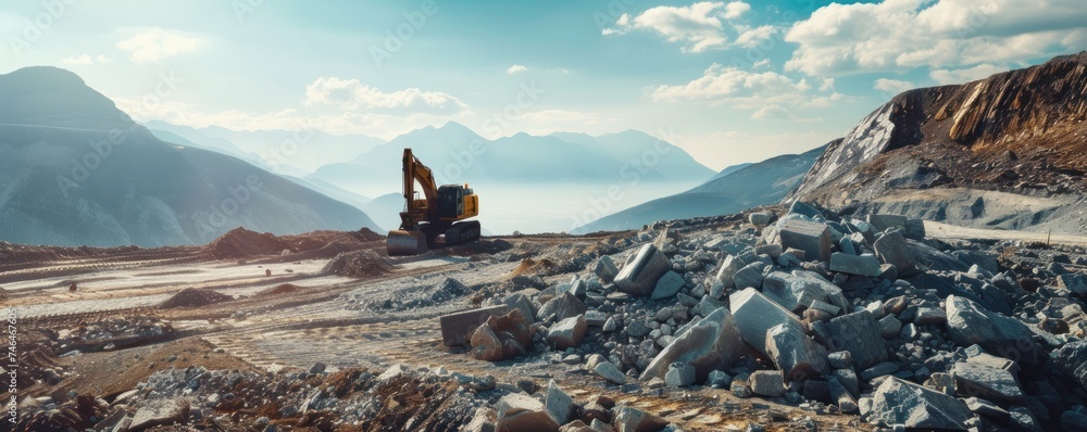 excavator loads heavy stone at rocks construction site. - obrazy, fototapety, plakaty 