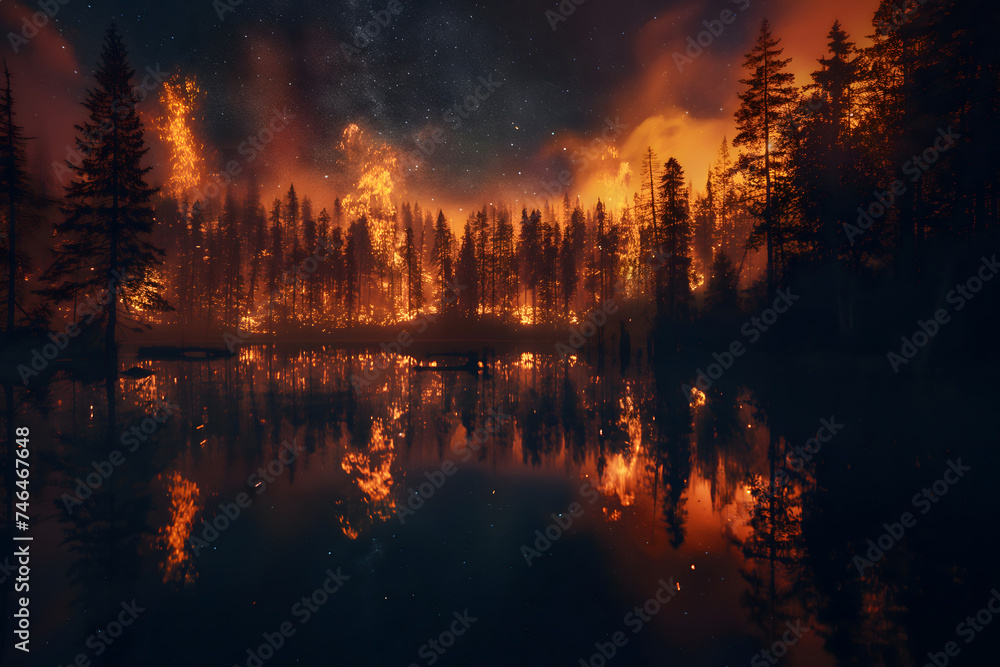 An apocalyptic vision of a forest fire at night, flames engulfing trees, the fire's reflection in a nearby lake, a stark symbol of climate change-induced disasters