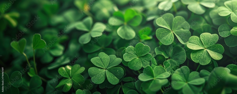 Detail of a green clover in wide banner shape. Patrick's Day theme. Detail of a green clover in wide banner shape. Patrick's Day theme.