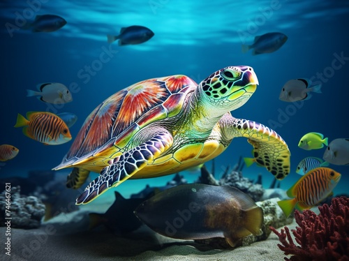 Turtle swimming in the underwater sea  Wonderful underwater world with turtle  corals and tropical fish.  Sea turtle swimming in the under sea .