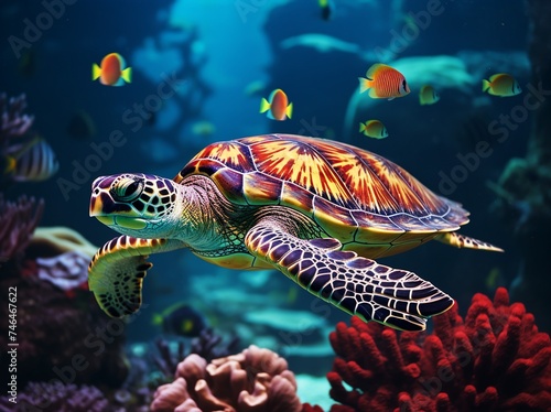 A Beautiful turtle swimming in the sea, Wonderful underwater world with turtle, corals and tropical fish. Sea turtle swimming in the under Water sea, © Rafiqul