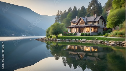 A peaceful house by the lake, its reflection shimmering in the calm waters amidst the tranquil landscape --ar 3:2 --s 750 --v 6.0 --style raw