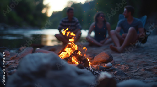 Young friends relax around a crackling beach fire under the evening sky, embracing the joy of togetherness.