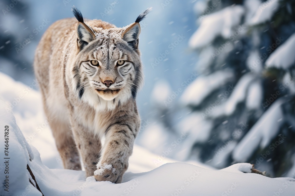 Lynx in snow, Lynx walking in snowy beech forest, Lynx Roaming Snowy Landscape- Realistic Beauty. Lynx in snow, Lynx walking in snowy beech forest, Lynx Roaming Snowy Landscape- Realistic Beauty.