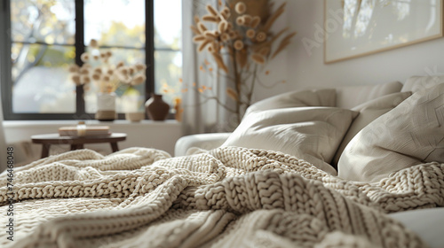 Scandinavian-inspired living space featuring a cozy knit blanket draped over a neutral-toned loveseat.